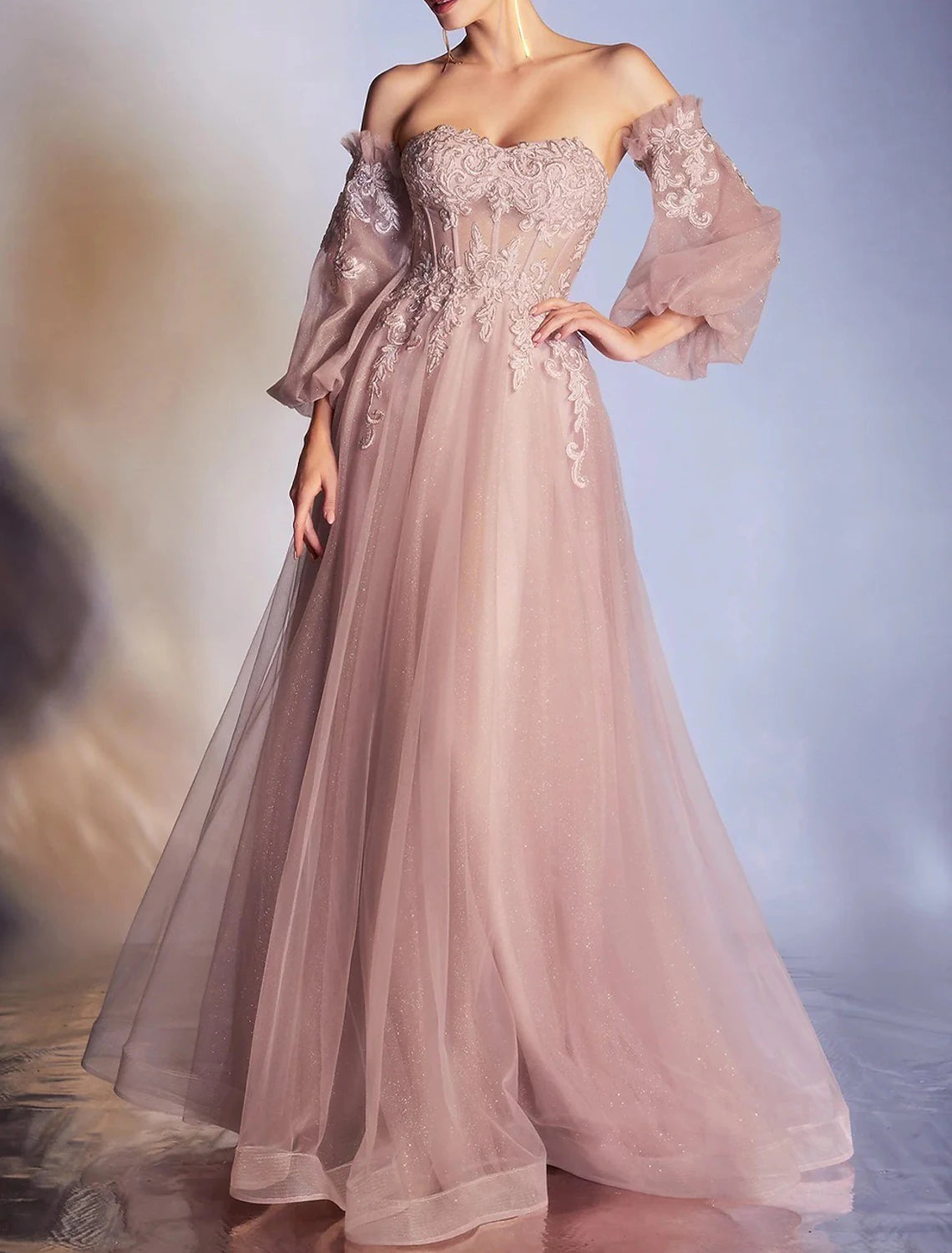A-Line Prom Dresses Elegant Dress Formal Prom Floor 3/4 Length Sleeve Off Shoulder Lace Backless with Appliques